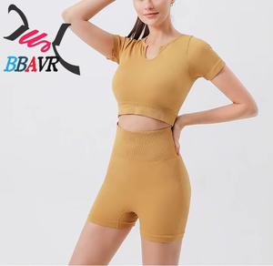 Conjuntos Deportivos para Mujer, 2 Piezas, Shorts de Cintura Alta con Textura Acanalada, Conjuntos de Yoga para Mujer, Verano - Product Image 1