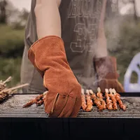 Sarung tangan panjang, bahan kulit tahan panas, sarung tangan BBQ Oven memanggang memasak, sarung tangan manset panjang