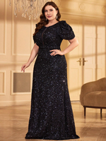 Robe longue de soirée/mariage haut de gamme pour femme grande taille, à manches courtes, en maille patchwork et sequins, avec fermeture éclair