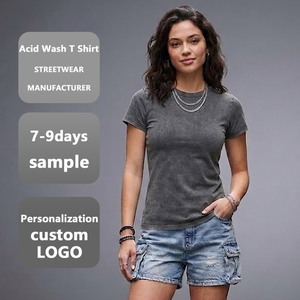 T-shirt décontracté d'été pour femme, style streetwear, 240g, vintage, délavé à l'acide, coupe ajustée, col rond, manches courtes, effet rétro - Product Image 1