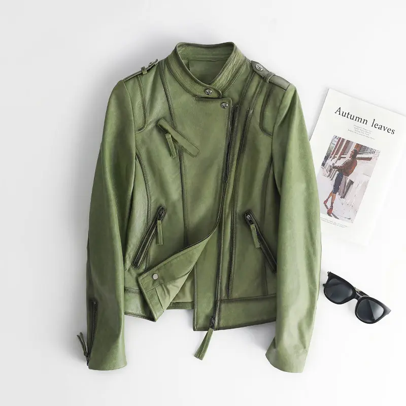 असली चमड़े की जैकेट स्टैंड-अप कॉलर शॉर्ट स्लिम चमड़े की मोटरसाइकिल जैकेट कोट महिलाओं के कपड़े
