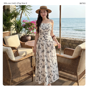 Robe longue décontractée d'été pour femme en mousseline florale, avec corsage froncé, col carré, coupe trapèze, bretelles spaghetti, fluide, style resort OEM ODM - Product Image 3