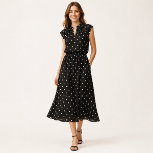 Ensemble 2 pièces pour femmes, haut en mousseline de soie à pois, jupe mi-longue à taille haute, style vintage élégant, <span class=keywords><strong>tenue</strong></span> de plage estivale, noir - Product Image 1