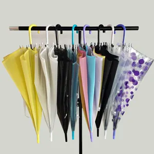 DD761 Wholesale Portable Colorful Transparent Umbrella Custom Auto Straight J Handle Parasol Clear Umbrella With Logo