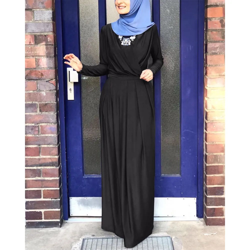 2022 Großhandel Türkisch Schwarz Abaya Einfarbig Langarm V-Ausschnitt Muslimische Frauen Islamische Kleider