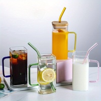 Gobelet créatif de style américain en verre coloré avec paille, poignée en bois, couvercle en bambou, anti-fuite, réutilisable, cadeau d'affaires, pour boissons glacées
