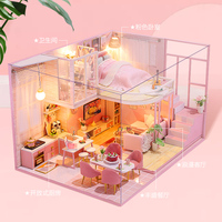Sujetalibros de madera hecho a mano al por mayor, casa de muñecas moderna rosa estilo loft con LED, regalo romántico y artesanal para cumpleaños de niña