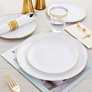 Fornitura di fabbrica Off-bianco ceramica rotonda oro bordo piatto <span class=keywords><strong>porcellana</strong></span> ceramica bistecca piatto per cena <span class=keywords><strong>Set</strong></span> per il matrimonio e Renstaurant - Product Image 2