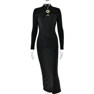 Vestido de noche ajustado de manga larga para mujer con cuello cruzado y aberturas - Product Image 5