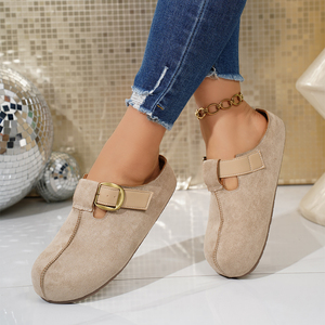 Sabots en <span class=keywords><strong>daim</strong></span> <span class=keywords><strong>beige</strong></span> pour femmes avec bride à boucle, <span class=keywords><strong>mules</strong></span> décontractées à enfiler - Product Image 4