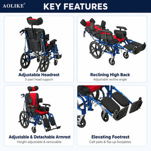 Fauteuil roulant pour paralysie cérébrale avec trois largeurs de siège et roues arrière en PU de 16 pouces avec frein à disque pour utilisation en réadaptation - Product Image 5