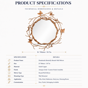 Luxury Handmade Copper Butterfly Branch <strong>Wall</strong> <strong>Mirror</strong>, 3D Round Decorative <strong>Mirror</strong> <strong>for</strong> Hotel Villa <strong>Bathroom</strong> - Product Image 3
