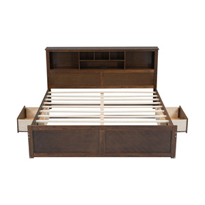 Cama de almacenamiento de madera oscura con estante en la cabecera y cajones debajo de la cama para uso en el dormitorio - Product Image 5