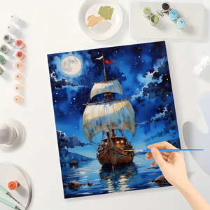 Kit de pintura por números de velero para adultos, lienzo acrílico DIY, barco sereno, cielo iluminado por la Luna, 16x20 pulgadas, regalo de arte náutico sin marco - Product Image 3
