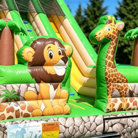 Toboggan Gonflable Portable à Double Voie Thème Animaux de la Jungle et Safari avec Piscine, Gonflage Rapide, pour Journées d'Activités sur le Thème de la Faune en Maternelle, en PVC, Facile à Installer