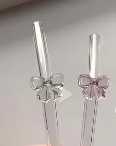 Custom cute pink white clear colored bent cup tumbler ribbon tie topper cover bow glass straws with bows charm hook design