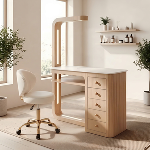 Station de manucure professionnelle élégante avec plateau en marbre blanc et table à ongles en bois grainé, avec collecteur de poussière intégré et rotation à 360° °   Courbe La - Product Image 1