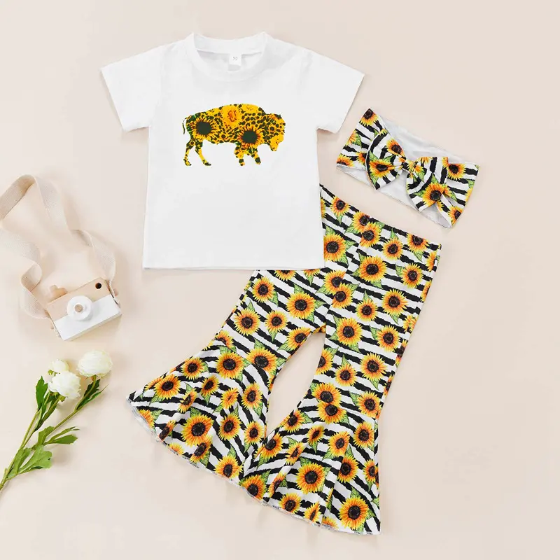 Child Kids Girls Clothes Sets Outfits Short Sleeve T-Shirt Tops+Elastic Waist Sunflower Print Flare Pants Clothing set INS