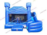 Parcours d'obstacles gonflable combiné toboggan aquatique bleu, piste de course, château gonflable extérieur décoratif, petite machine distributrice, jeu de carnaval