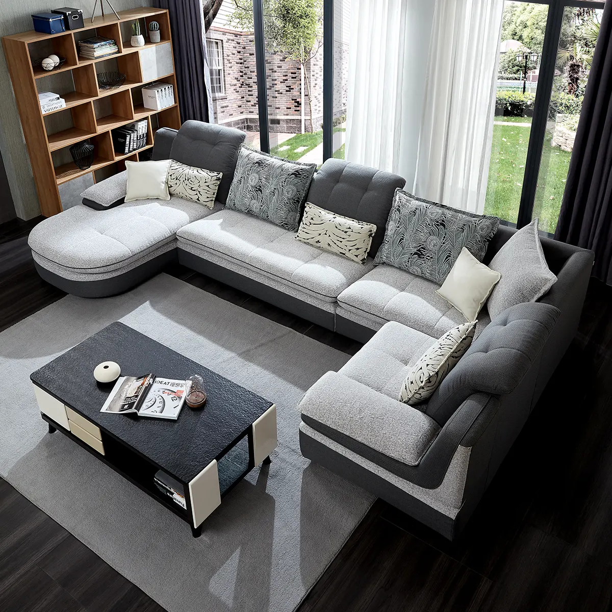 102181 Modern 7 Tempat Duduk Bentuk U Kain Sofa Furnitur Ruang Tamu