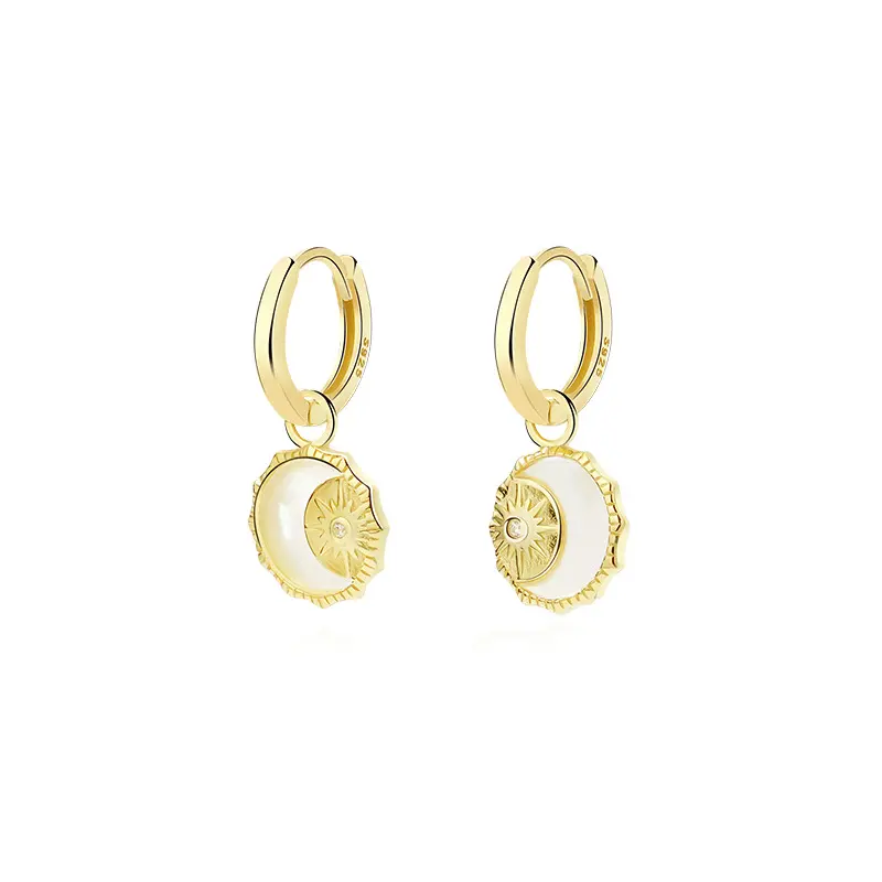 Pendientes de plata 925 Sun and moon Sterling Silver 925 Jewellery 18k gold plated Mother Of Pearl Shell Hoop Earrings for women
