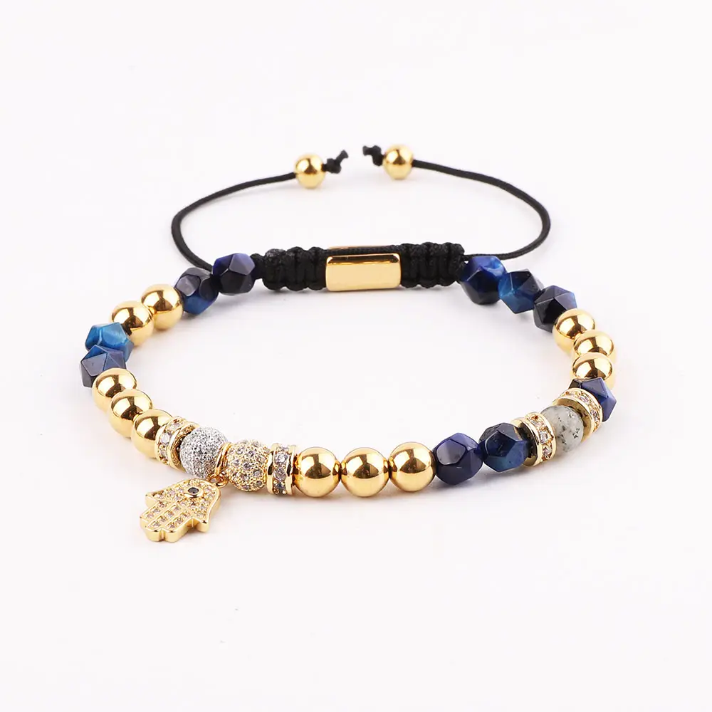 New Luxury Design CZ Pave Hand Charm Natural Stone Tiger Eye Stainless Steel Custom Logo Adjustable Beads Bracelet Women