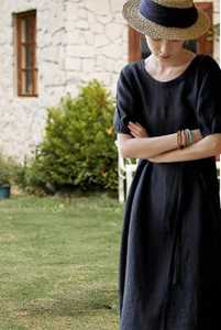 <b>Women's</b> Knitted <b>Linen</b>/Cotton Maxi A-Line <b>Dress</b> Puffed Short Sleeves V-Neck Belt Casual Breathable Eco-Friendly Washable Plus - Product Image 4