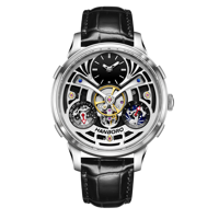Montre automatique pour homme à boîtier rond entièrement squeletté, multifonctionnelle, affichage des phases lunaires, bracelet en cuir, montre mécanique de luxe