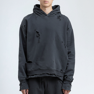 Sudadera con capucha de peso pesado en blanco para hombre, Sudadera con capucha de lavado ácido Vintage apenada para hombre - Product Image 1
