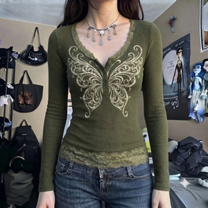 Camiseta con Estampado Y2K, Efecto de Dos Piezas, con Parches de Encaje y Bloques de Color, Manga Larga, Estilo Vintage, Casual, para Mujer - Product Image 1