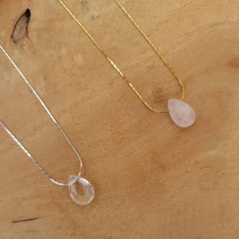 Necklace drop ultra fine drop flat stone quartz rose rock crystal stone necklace delicate jewelry