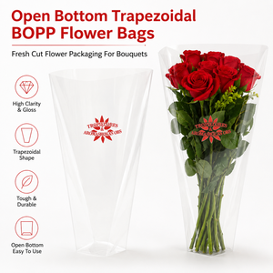 Fundas Trapezoidales para Ramos de Flores con Logotipo Personalizado al por Mayor, Bolsas de Embalaje de Plástico Transparente BOPP para Floristas - Product Image 1
