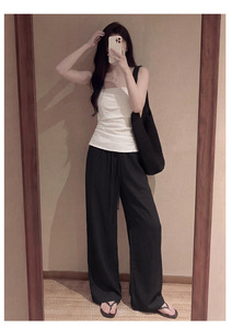 <span class=keywords><strong>Pantaloni</strong></span> Larghi a Vita Alta in Poliestere-Lino-Viscosa <span class=keywords><strong>Blu</strong></span> Navy, Leggeri e Comodi per l'Estate, con Drappeggio Rilassato - Product Image 5