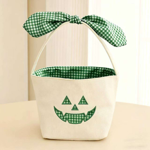 Cesta de lona a cuadros de gran venta para decoración de Halloween, con diseño de cara de calabaza divertida y para dulces - Product Image 1