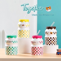 Taza de Cerámica con Tapa y Diseño de Dibujos Animados, Apta para Microondas, con Aislamiento Térmico y Práctica Pajita, para Hombres y Mujeres