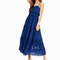 Lingda फैशन ब्रांड गुणवत्ता फैशन आकस्मिक 100% कपास संयुक्त फीता गहरे नीले रंग का Smocking व्याकुल गर्मियों महिलाओं Cami ड्रेस