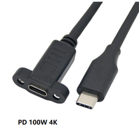 PD 100W charge rapide USB C mâle vers USB C femelle câble d'extension vidéo 4K avec câble de montage sur panneau à vis de verrouillage