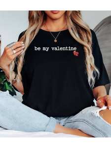 T-shirt Be My Valentine da donna, casual, vestibilità ampia, girocollo, manica corta, stampa a cuore, 100% cotone jersey, primavera estate - Product Image 3