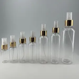 Frasco de perfume plástico PET transparente para cosméticos PET 100ml com pulverizador 20/410 24/410 de alumínio