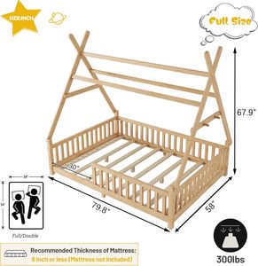 <span class=keywords><strong>Lit</strong></span> Montessori taille double avec éclairage et lattes, <span class=keywords><strong>lit</strong></span> <span class=keywords><strong>tipi</strong></span> en bois pour enfants garçons filles - Product Image 6