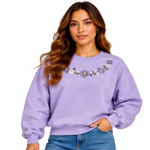 Sweat-shirt à col rond surdimensionné pour femme, couleur lavande, avec broderie florale, manches longues, 100% coton tricoté, vêtement de printemps - Product Image 1