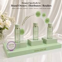 Support de Présentation Moderne Portable en Acrylique Vert Sauge à Niveaux pour Bouteilles d'Extrait Végétal et de Soins de la Peau avec Fond Imprimé en Arche