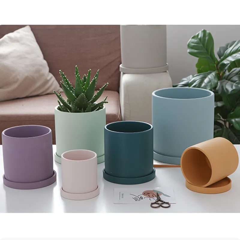 Pots de fleurs en céramique 7 cm 1 pièce, Pot cylindrique pour plantes vertes succulentes avec plateau, décoration de maison et de bureau