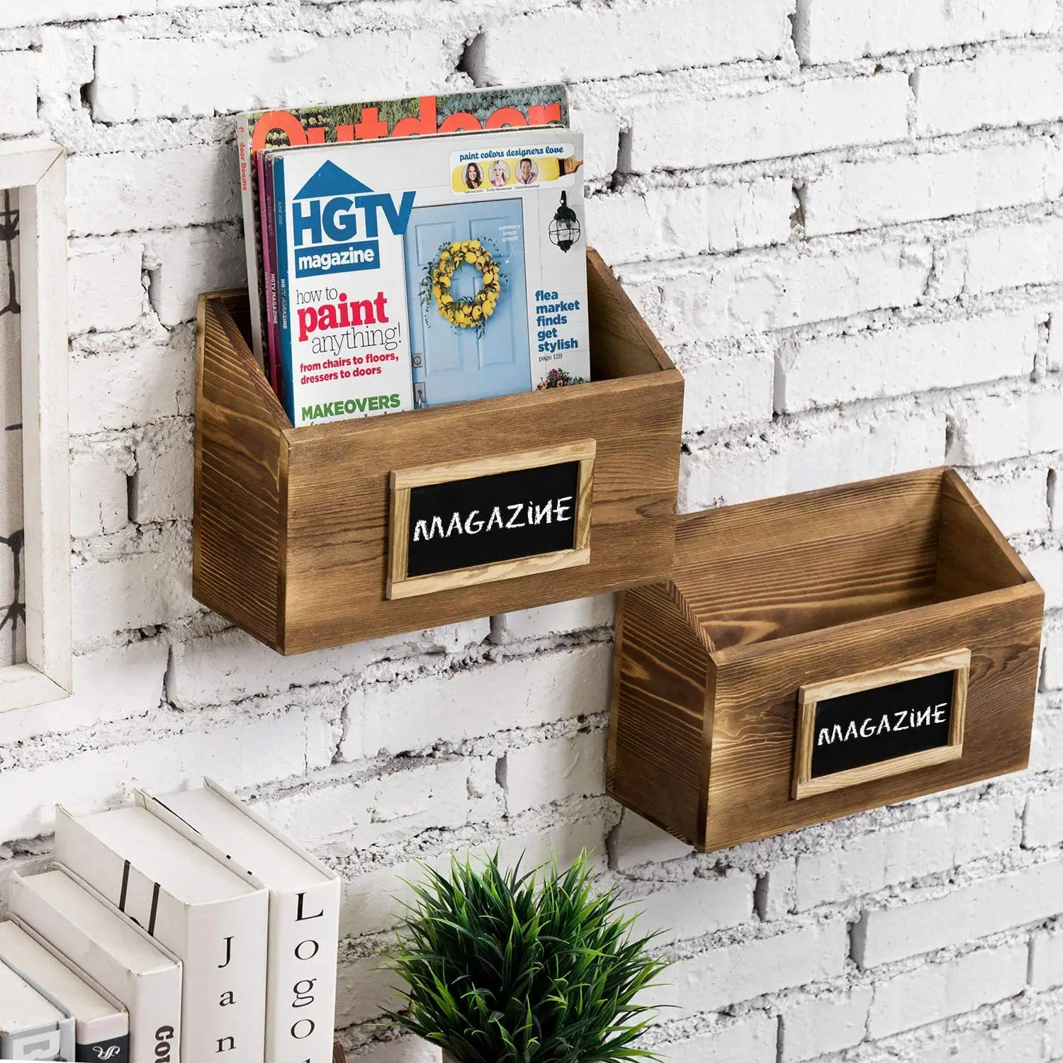 Rustic Burnt Wood Wall Mounted Mail File Magazine Holder Sorter Rack with Chalkboard Label