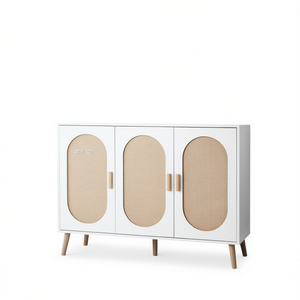 Meuble à chaussures FCH à 3 portes, cadre blanc, panneaux de particules, surface en rotin, design scandinave moderne, meubles de salon - Product Image 1