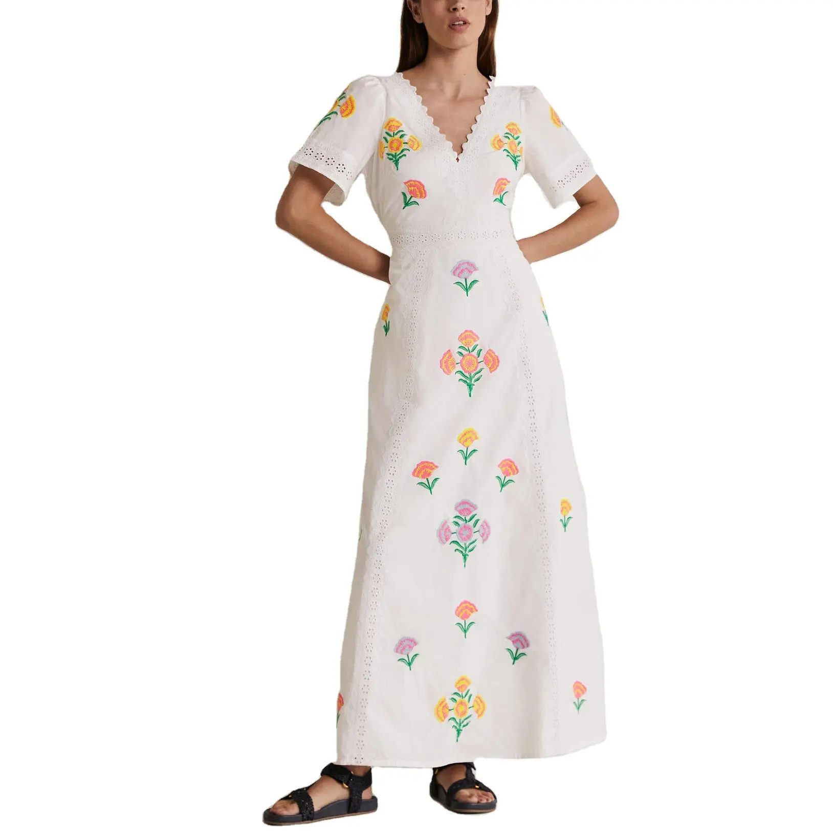 Hot Sale Fashion Summer Clothing Short Sleeve V neck Custom High Quality Cotton White Color Embroidered Maxi Dress Women