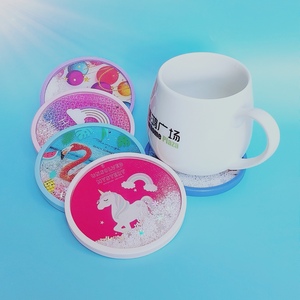Customized Print Sparkle Silicon Promotion Gifts Liquid Oil Aqua Quicksand Glitter Coffee Coaster