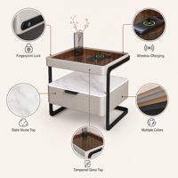 Italienischer Minimalistischer Smart-Nachttisch mit Kabelloser Ladestation, Metallrahmen und Marmorplatte für Moderne Schlafzimmer