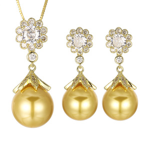 Ensemble de bijoux de haute qualité, écologiques, en cuivre plaqué or, collier et boucles d'oreilles en perles de coquille, imitation perle 16-14 mm - Product Image 1