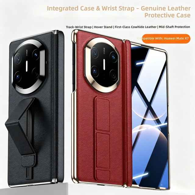 Genuine Leather Magnetic Kickstand Wrist Strap Integrated Screen Film Case for Huawei Mate X7 Mate X6 Mate X5 Shockproof Cover